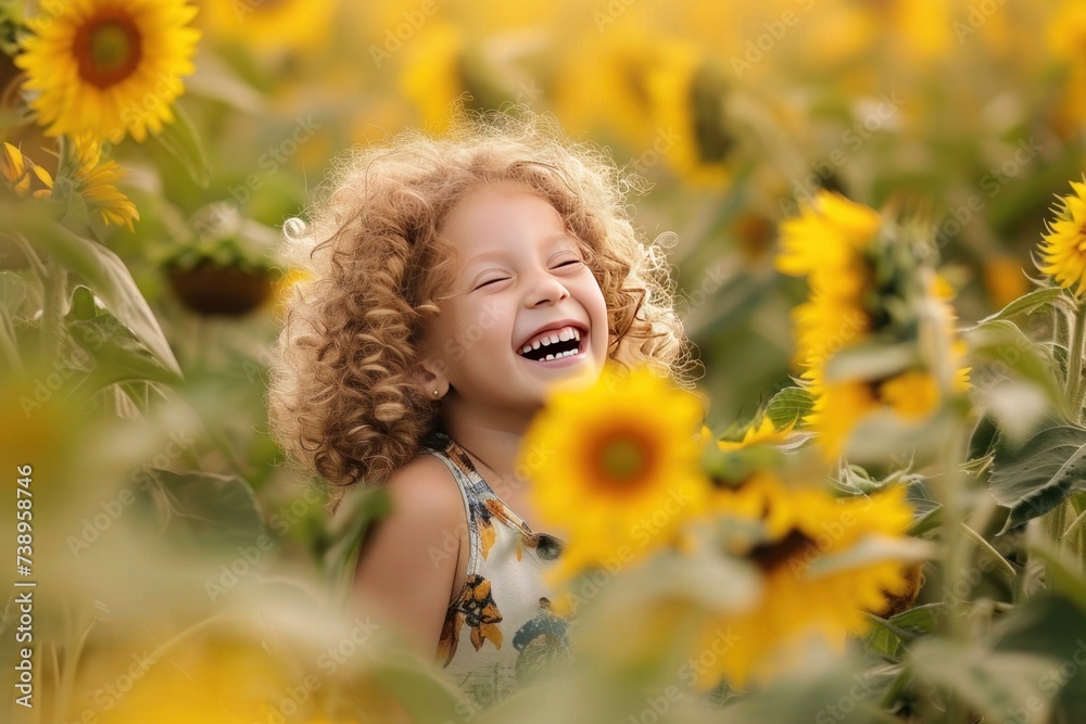 A happy girl is smiling in a sunflower field, surrounded by yellow flowers