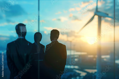 Silhouetted Businesspeople Overlooking Sunset and Wind Turbines