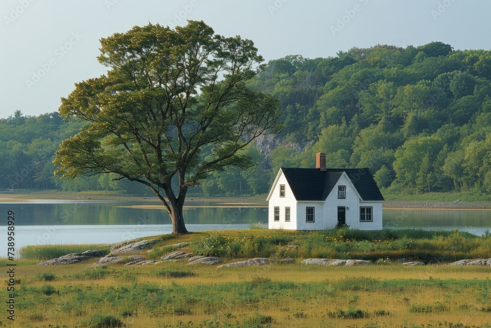 White cottage next to a lone tree at the small lake