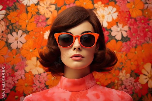 Retro Mod Woman in Sunglasses Against a Floral Background