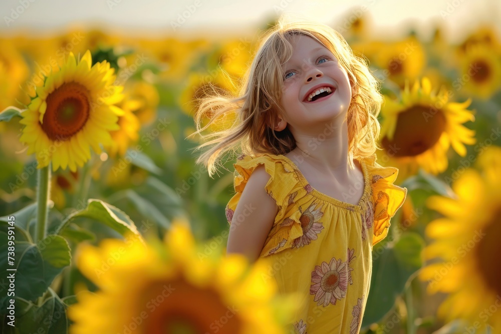 A happy girl is smiling in a sunflower field, surrounded by yellow flowers A happy girl is smiling in a sunflower field, surrounded by yellow flowers