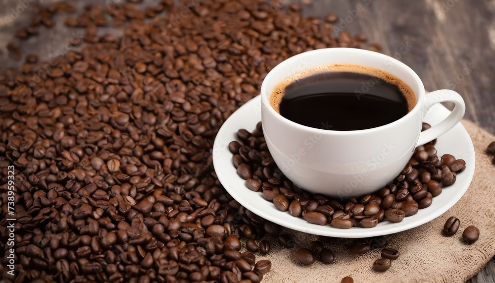 A cup of coffee and some coffee beans. a focused selection. A cup of coffee and some coffee beans. a focused selection.