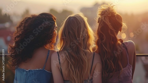 A group of women share a moment of love and connection under the sunset sky, their long brown hair cascading in the wind as they stand together, dressed in beautiful outdoor clothing, their eyes lock