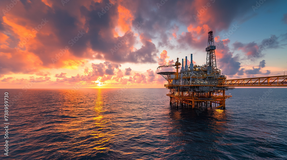 Offshore oil and gas rig platform with beautiful sky, sunset time, Petroleum industry. Generative AI