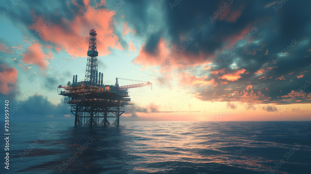 Offshore oil and gas rig platform with beautiful sky, sunset time, Petroleum industry. Generative AI