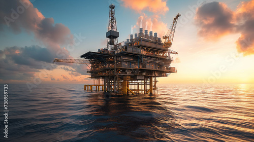 Offshore oil and gas rig platform with beautiful sky, sunset time, Petroleum industry. Generative AI