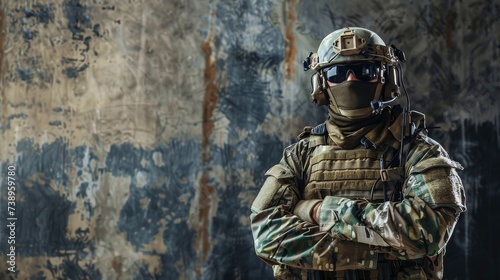 Bold and stoic, a soldier stands at attention, clad in a protective helmet and ballistic vest, their weapon ready for battle under the open sky photo