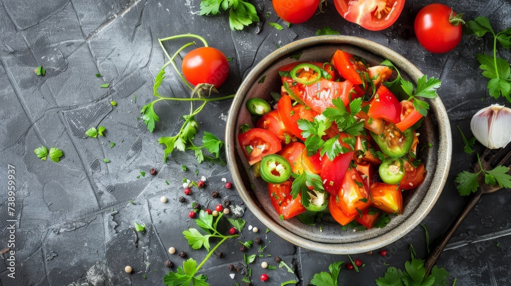 Vibrant and wholesome, a bowl overflowing with juicy cherry and plum tomatoes, fiery jalapenos, and other fresh produce beckons with the promise of delicious and nourishing vegan and vegetarian optio Vibrant and wholesome, a bowl overflowing with juicy cherry and plum tomatoes, fiery jalapenos, and other fresh produce beckons with the promise of delicious and nourishing vegan and vegetarian optio