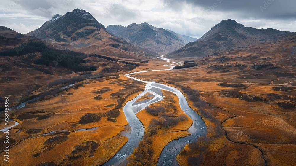 Highland Rivers Amidst the rugged highland landscape, a braided river winds its way ...