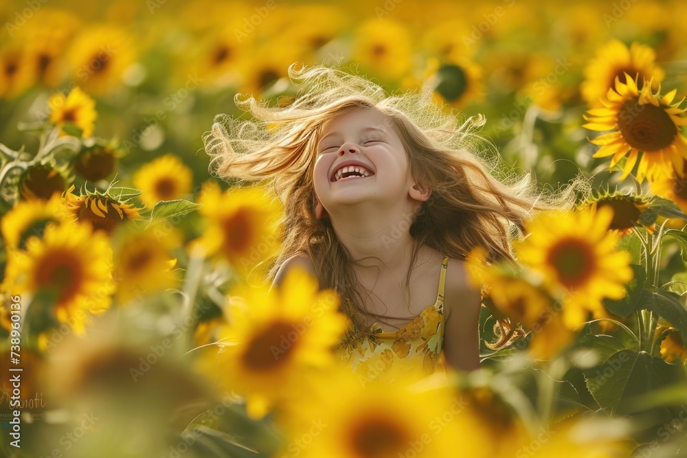 A happy girl is smiling in a sunflower field, surrounded by yellow flowers A happy girl is smiling in a sunflower field, surrounded by yellow flowers