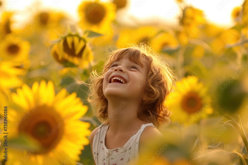 A happy girl is smiling in a sunflower field, surrounded by yellow flowers A happy girl is smiling in a sunflower field, surrounded by yellow flowers