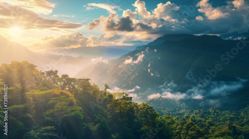 As the sun rises over the majestic mountain range  the tranquil forest below is bathed in golden light  creating a breathtaking landscape of nature s beauty