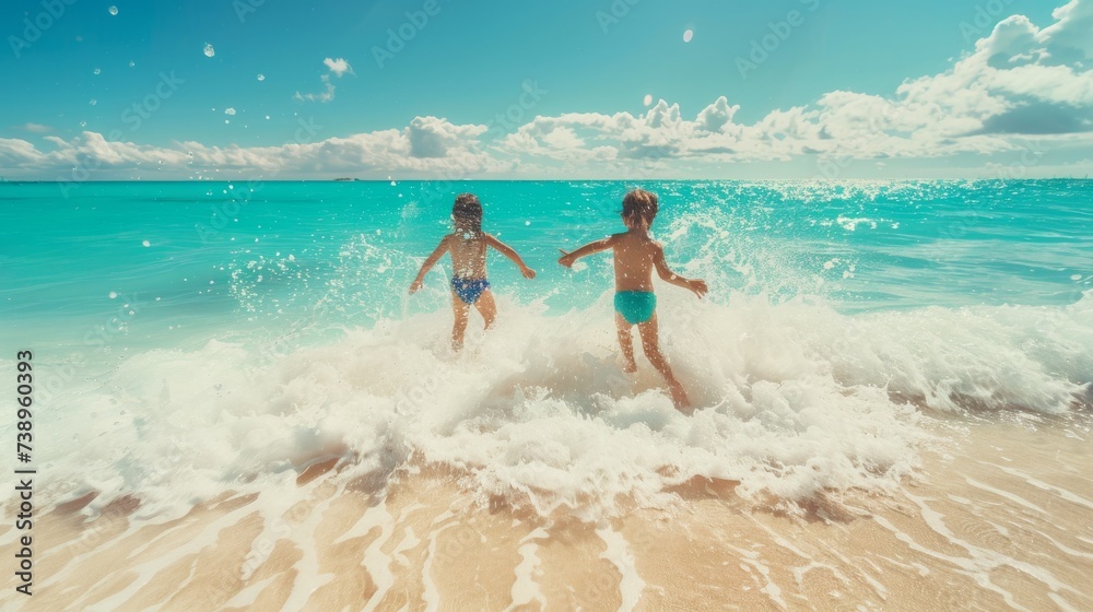 Under the bright summer sky, two playful children in colorful swimwear frolic in the aqua waves, surrounded by the natural beauty of the beach and ocean