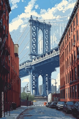 A Painting of a City Street With a Bridge in the Background