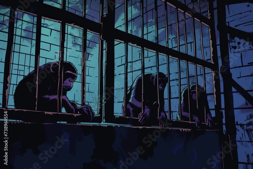 Group of Monkeys Sitting Inside of a Cage