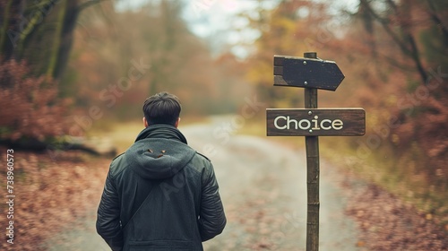 Confident man standing at crossroads with a two way sign bearing the word  choice photo