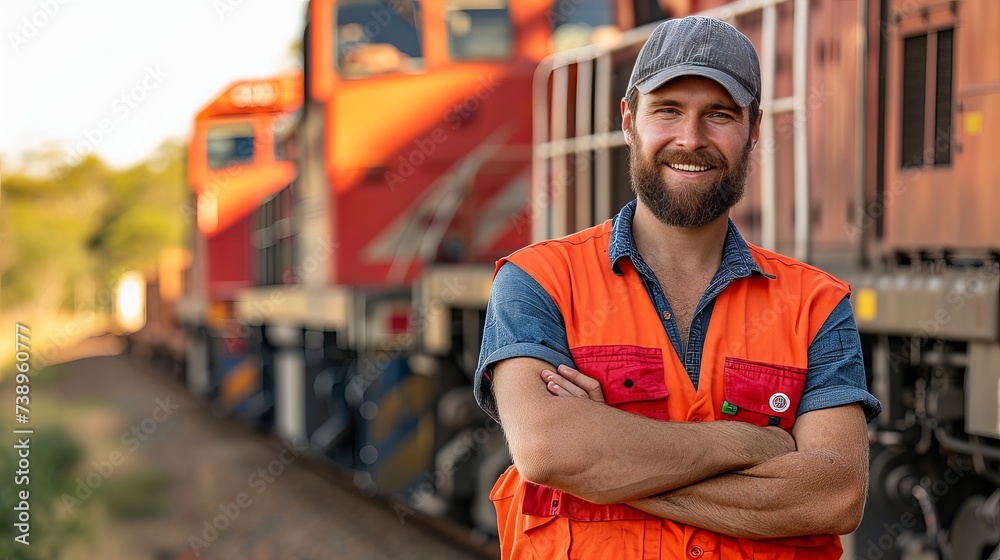 Confident bearded train conductor smiling with crossed arms in front of locomotive Confident bearded train conductor smiling with crossed arms in front of locomotive