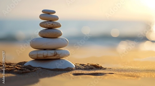 Zen Stones in Balance on Sandy Beach at Sunset - Tranquility and Harmony