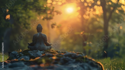 A serene figure embraces the beauty of nature, basking in the warm glow of the sun as it sets behind a tree, surrounded by lush greenery and peaceful stillness © ChaoticMind