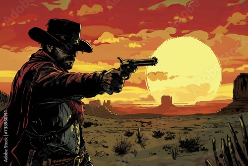 A Painting of a Man With a Gun in the Desert photo