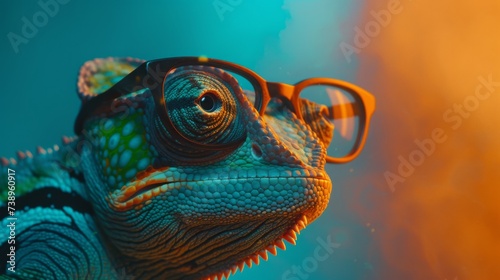 Colorful Chameleon with Glasses on Gradient Background - Close-Up Portrait © Mark