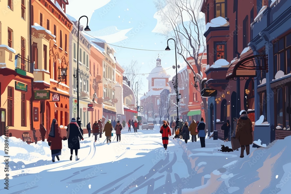 Painting of People Walking Down a Snowy Street