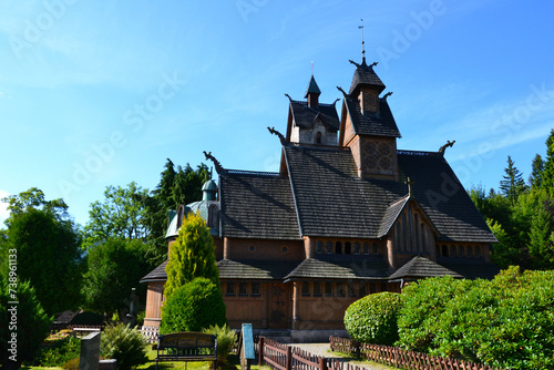 Stave Church Wang, Karpacz, Poland. Beautiful Scandinavian medieval wooden temple of Wang Karpacz, built in the 12th century in Norway