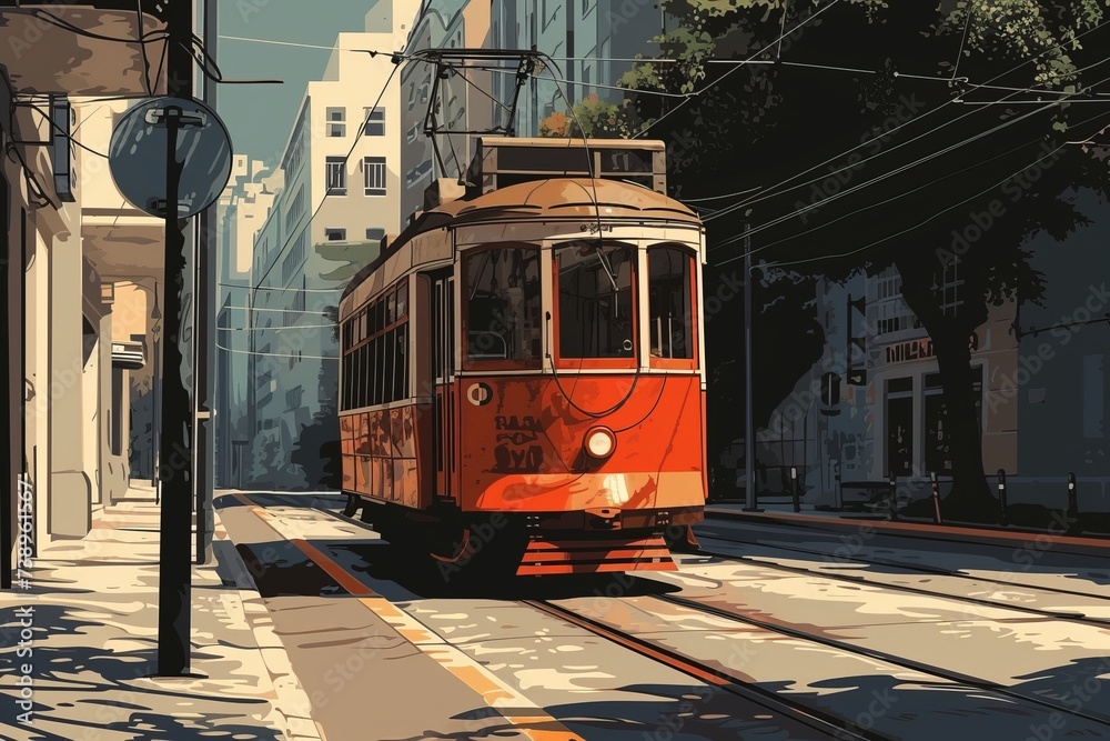 A Red Trolley Car Traveling Down a Street Next to Tall Buildings
