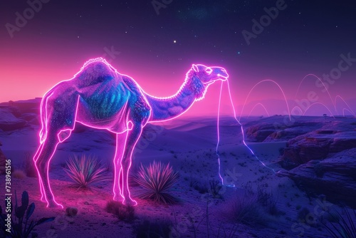 Neon Camel Standing in the Desert at Night