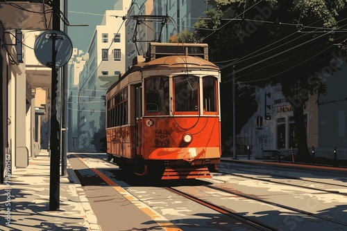A Red Trolley Car Traveling Down a Street Next to Tall Buildings