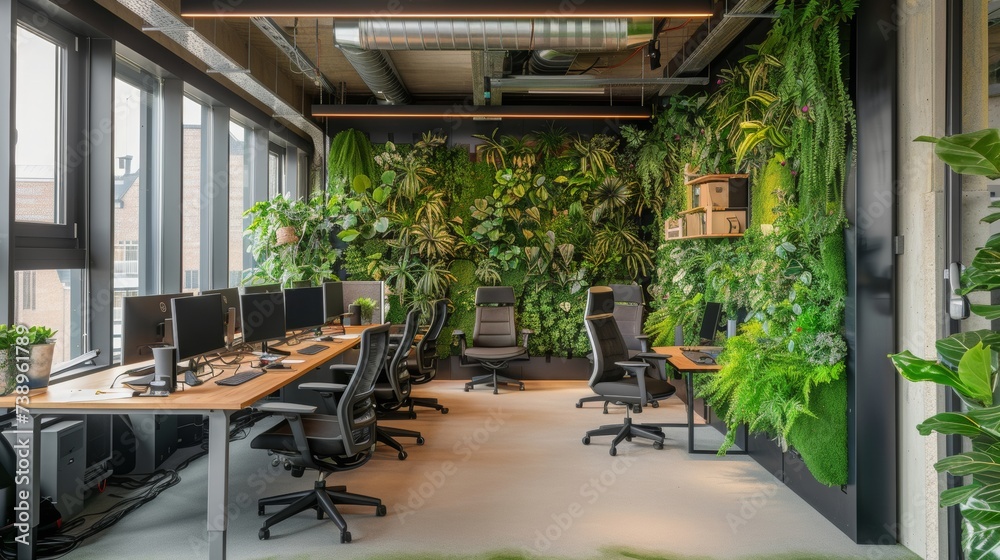 Fototapeta premium Interior shot of an office with greenery or vertical garden, copy space, 16:9