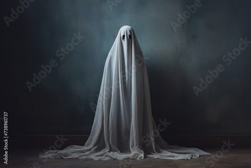 A photorealistic spooky Halloween ghost, rendered through AI Generative technique.