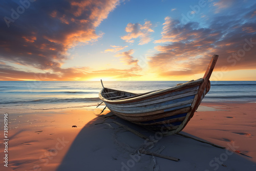 The golden hour casts a warm glow over a tranquil beach, with a boat resting on the sand, depicted with AI Generative clarity.
