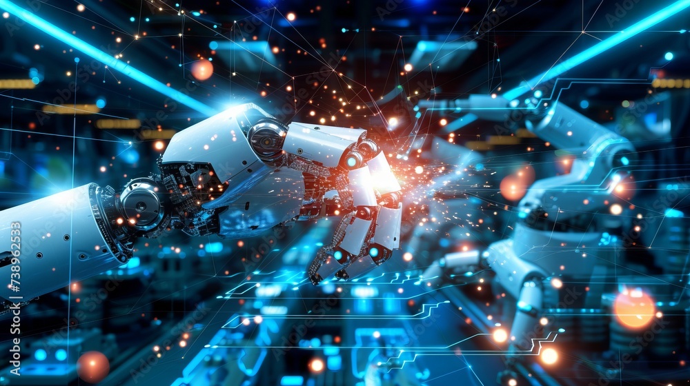 Fototapeta premium Machine powered robot arm on modern production line with blurred background and copy space