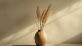 Minimalist composition of reeds in a wooden vase casting soft shadows AI Generative.