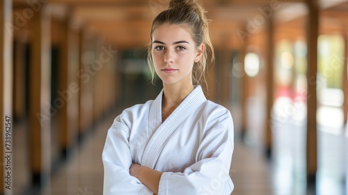 Smiling european woman at judo or karate training session looking away with room for text photo