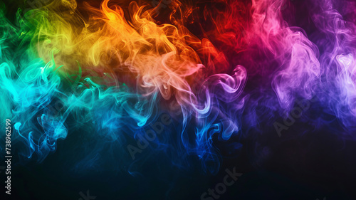Vibrant spectrum-colored smoke waves on a black background, showcasing dynamic motion and abstract beauty in a fluid art concept, created with AI Generative technology.