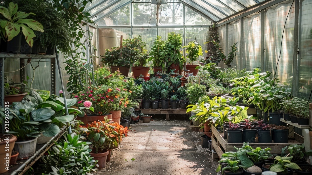 beautiful nursery with many green plants in a tent with a roof in high resolution