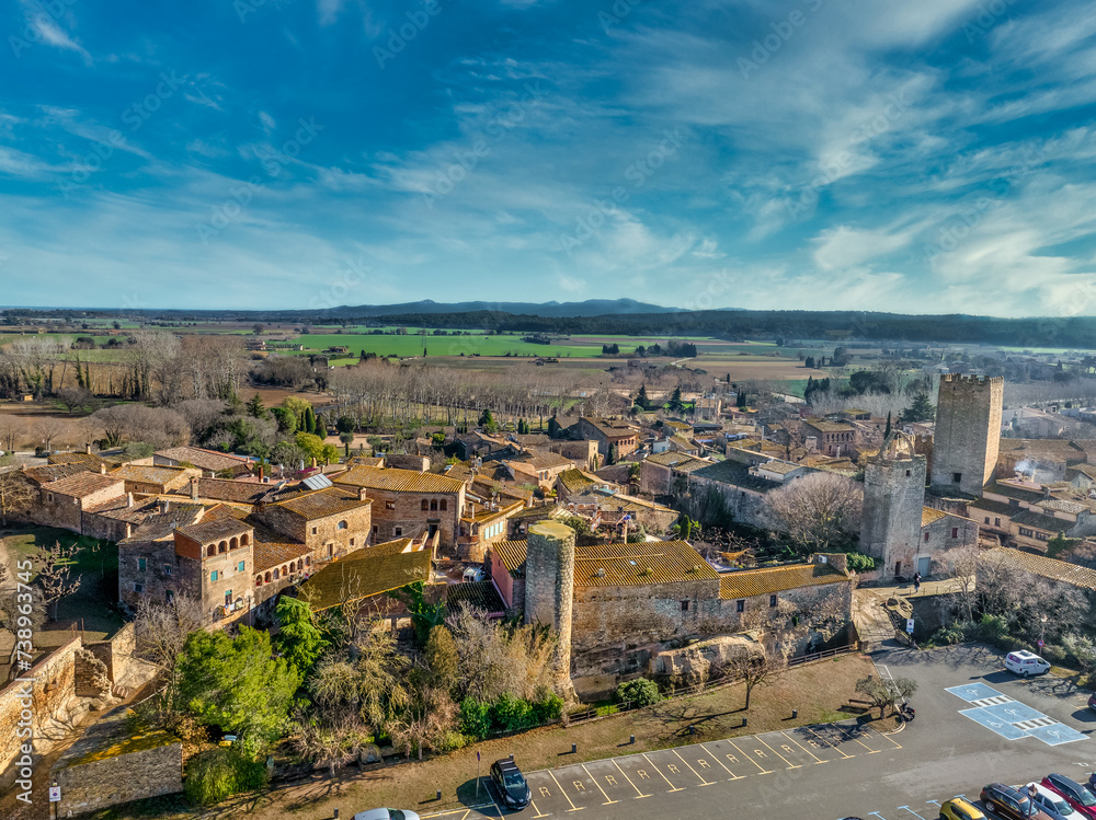 Aerial view of Peratallada, historic artistic small fortified medieval town in Catalonia, Spain near the Costa Brava. Beautiful of stone building rutted stone streets and passageways.Robin hood filmin