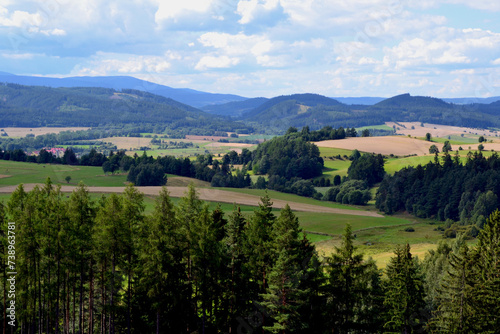 View point near the border of Poland and Czech Republic on  the Karkonosze Mountains - mountain chain of Sudeten Mountains (Sudetes). Summer landscape. The Opawskie Mountains