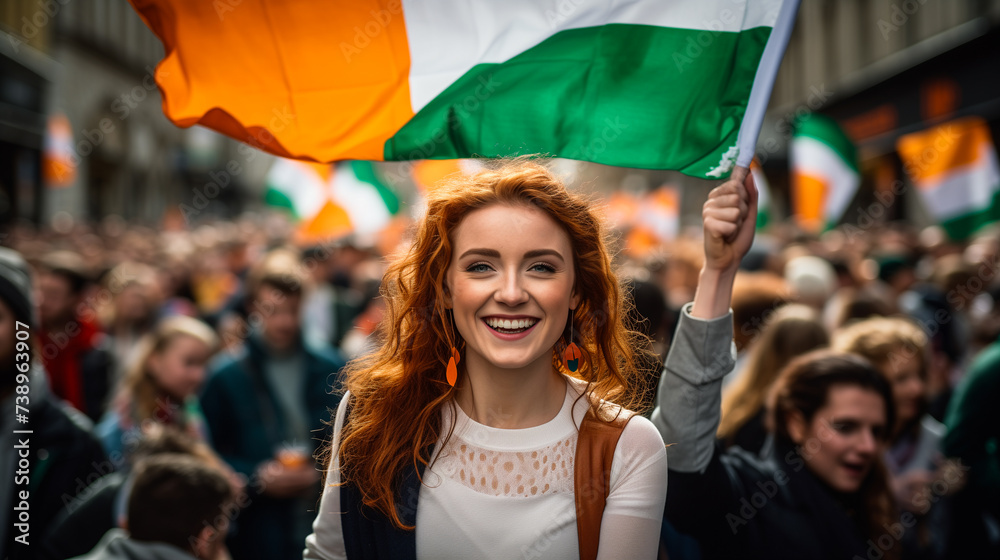 Fototapeta premium Beautiful Irish Girl Celebrating St. Patrick's Day in Dublin, Patriotic Pride background - Generative AI