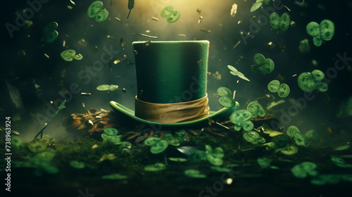 Green Hat and Clovers in a Surrealist St. Patrick's Background - Generative AI