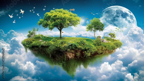 Enchanting aerial vista of surreal floating island with mystical flora and fauna in mystical light