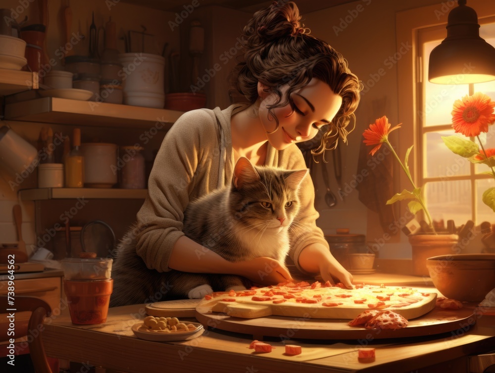 Woman Cutting Pizza With Cat on Her Lap. Generative AI.