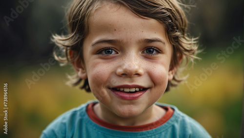 Niño sonriente y feliz rodeado de naturaleza en una escena de primavara photo