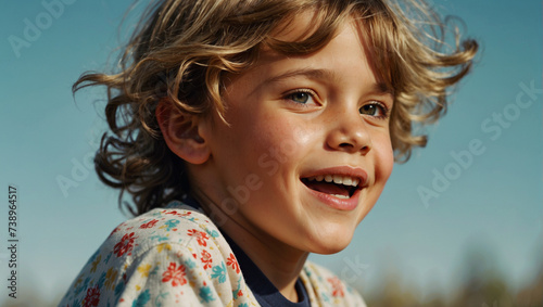 Niño rubio sonriente y feliz rodeado de naturaleza en una escena de primavara photo