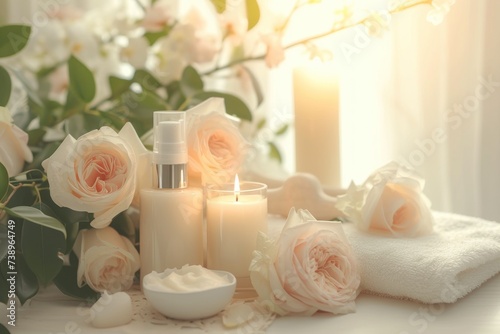 Morning routine with aroma candle  body cream and body milk  towel  beige roses and sunlight with copy space. Quiet luxury and self care concept.