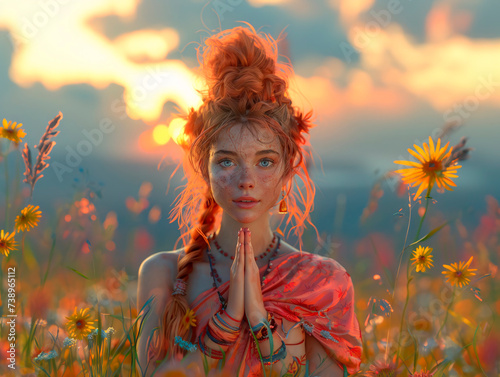 Girl at sunset doing yoga in nature. . Generative AI