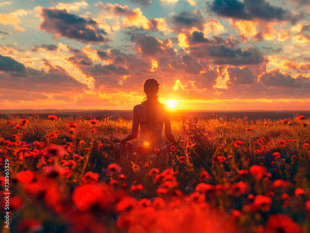 Girl at sunset doing yoga in nature. . Generative AI