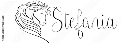 Stefania - black color - name written - vector graphics with stylized horse with heart - for websites, greetings, banners, cards,, t-shirt, sweatshirt, prints, cricut, silhouette, sublimation	 photo